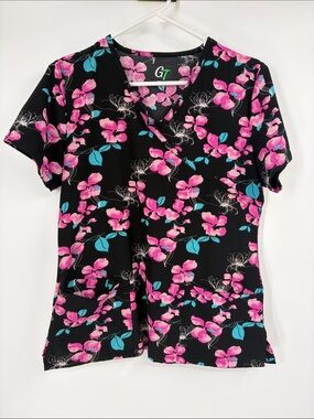 GT Performance Pink Floral Print Scrub Top Size Medium